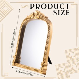 Threehoney Vintage Vanity Makeup Desk Mirror, Small Gold Arch Antique Decorative Mirror with Stand, 11.4" x 9" Ornate Traditional Chic Baroque for Living Room Bedroom Dresser Tabletop Desktop Decor