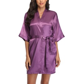 Laurel Snow Women's Satin Robes Bridesmaid Getting Ready Robe Soft Sleepwear Silky Short Kimono Bathrobe for Bridal Wedding Party Purple