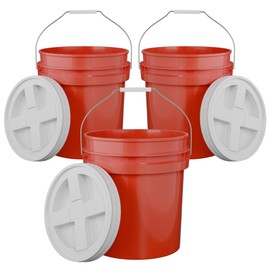 5-Gallon Red Bucket Pail with Gamma Seal Screw on Airtight Lid, Metal Handles with Plastic Grip for Easy Carrying, Easy Stack and Store, Heavy-Duty 90MIL Extra Durable, Food Grade, BPA Free - 3 Pack