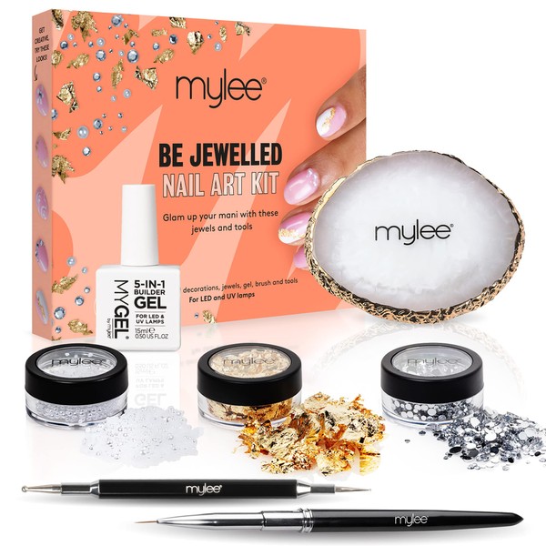 Mylee Be Jewelled Nail Art Kit - Thin Liner Brush Dotting Tool Palette for Mixing Gel Colors, Clear 5 in 1 Builder Gel, Gold Leaf, Various Gemstones and Beads