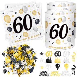 Pack of 20 Napkins 60th Birthday + 12 Pieces Lantern Table Decoration 60th Birthday + 500 Pieces Confetti for 60th Birthday Decoration 60th Birthday Man Woman Table Decoration 60 Years Black Gold