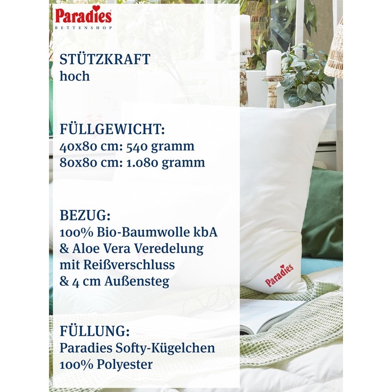 PARADIES Softy Top Organic Firm Pillow 40 x 80 cm,