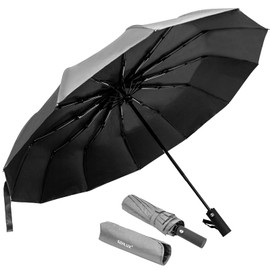 SZHLUX Travel Umbrella,12 Ribs Compact Windproof Folding Black Umbrella,Automatic Umbrellas for Rain,Sun,Backpack,Car,Travel,Golf.(Gray)