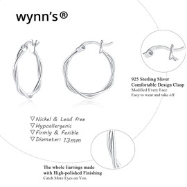 wynn's Silver Hoop Earrings for Women, Small Sleeper Silver Hoops Earrings, Hypoallergenic 925 Sterling Silver Twist Hoop Earrings for Women Girls, 13mm silver hoop earrings