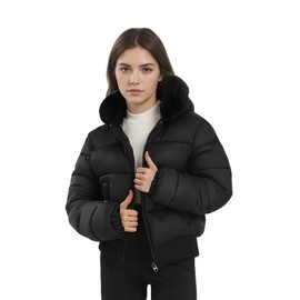 solomate Womens Winter Hooded Cropped Puffer Coats Long Sleeve Fleece Lined Jackets Quilted Short Outwear Black M