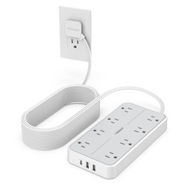 Flat Plug Power Bars with Surge Protector, TESSAN 15 Ft Extension Cord Indoor with 8 Multiple Outlets and 3 USB(1 USB C), 1080 Joules Wall Mounted Charging Station for Home Dorm Room, Gray