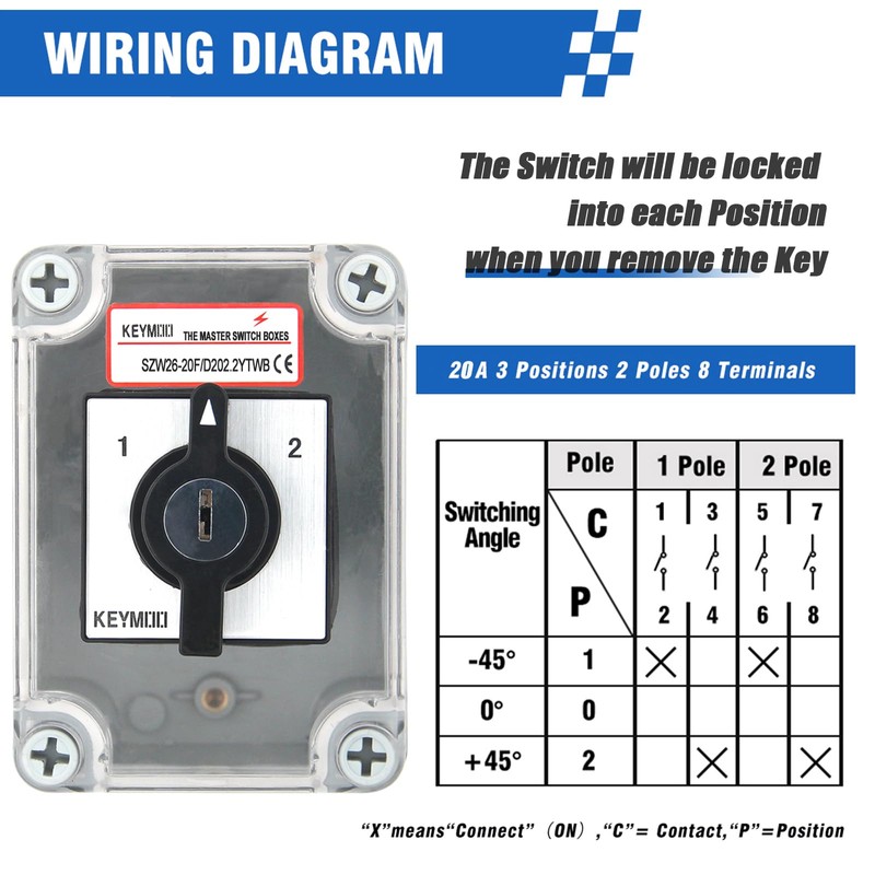 KEYMOO 20A Rotary Changeover Switch with Key Lock, 660V 3