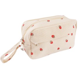 Vylro Pencil Case with Large Capacity, 22 x 14 x 9 cm Strawberry Pattern Pencil Case, Pencil Case Corduroy Fabric Girls Pencil Case Cord for Work, School, Travel, Parties, Business Tri