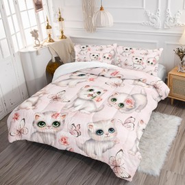 XYNHML Kids Bedding Queen Cartoon Cat Comforter 3 Pieces Pink White Cat Butterflies Comforter Set for Teens Kids Boys Girls Adults Kawaii Flower Quilt with 1 Comforter and 2 Pillowcases