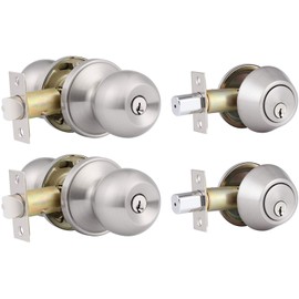 2 Pack Keyed Alike Entry Door Knobs and Single Cylinder Deadbolt Lock Combo Set Security for Entrance and Front Door with Classic Satin Nickel Finish