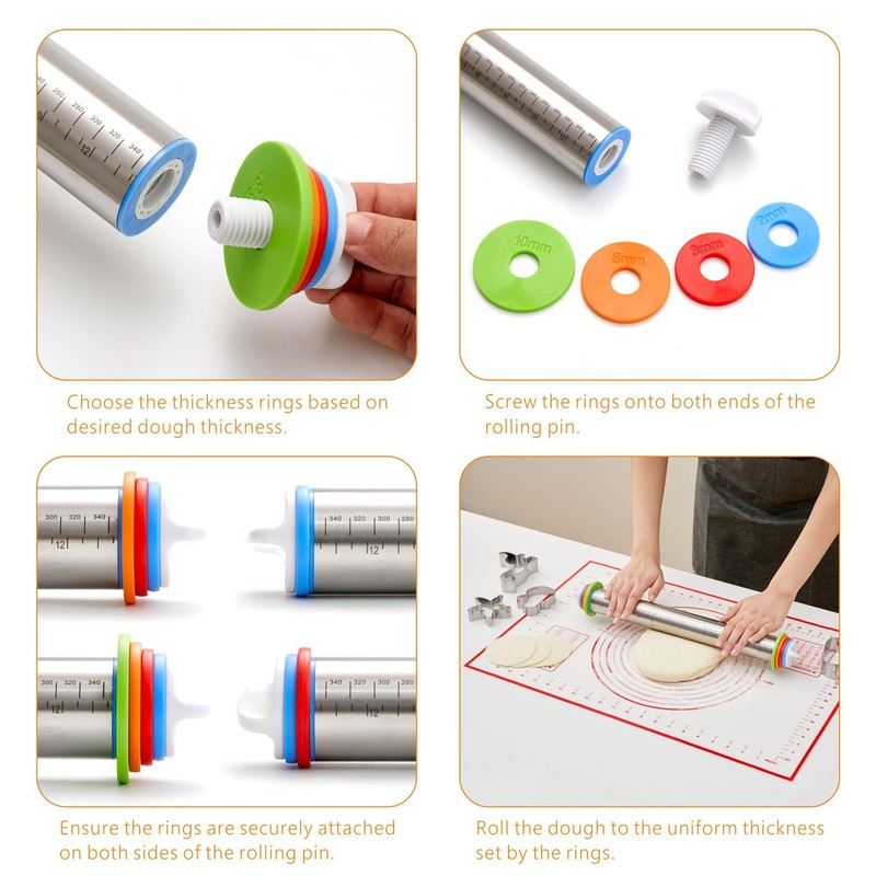 Rolling Pin with Thickness Rings, Fulimax 17" Adjustable Stainless Steel