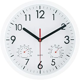 Fuji Boeki 37861 Wall Clock, Width 9.8 x Depth 1.6 x Height 9.8 inches (25 x 4 x 25 cm), White, Thermometer, Hygrometer, Continuous Second Hand, Urban