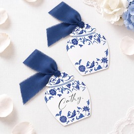 JarThenaAMCS 50 Pcs Name Place Cards with Ribbon, Chinoiserie Blue Floral