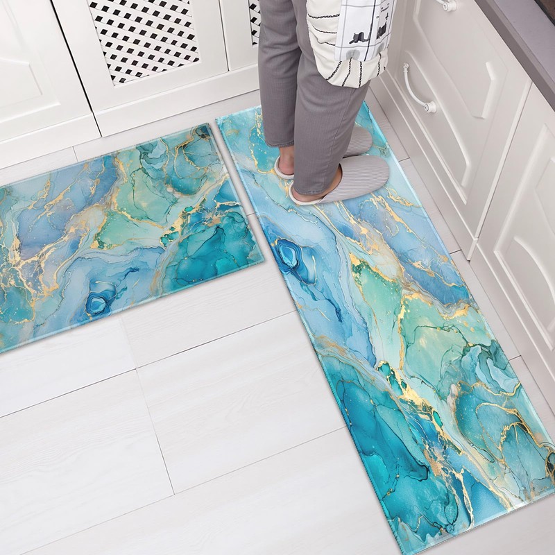 Teal Kitchen Rugs Sets of 2 Non Slip Blue Gold