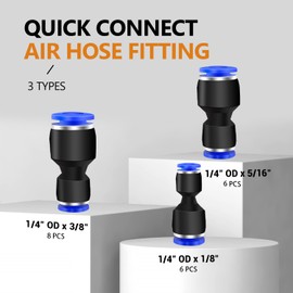 mankk 20PCS Reducer Push to Connect Fittings 3 Sizes 1/4" OD x 3/8" 5/16" 1/8"OD Quick Connect Air Hose Fittings Straight Reducer Union Reducing Coupler