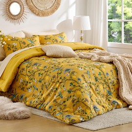 MUSSEL Bedding King Size Comforter Set 3 Pieces,Yellow Vintage Botanical Floral Pattern Bed Comforter Sets,Boho Whimsical Printed Design Cute Bedroom Comforter and Shams