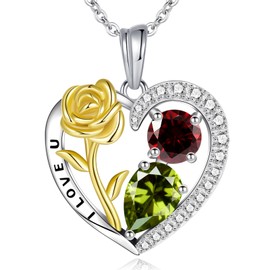 ETERMBOL Heart Birthstone Rose Necklace for Women - 2 3CT 2CT Created Garnet Olivine Necklace 925 Sterling Silver Love Necklace Birthstone Jewelry Gift Valentine's Day Anniversary Wife Girlfriend