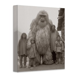 Yeti Family Photo-16x20 Canvas Poster-Vintage Sepia Sasquatch Bigfoot Picture-Abominable Snowman Decor for Yeti Enthusiasts & Cryptozoology Fans-Antique Cabin Decor for Man Cave Weird Oddity Collector