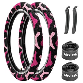 Bike Tires 16x2.125 2-Pack with Tubes & Levers - Compatible with Kids Bike, BMX, MTB, Mountain Bicycle - Camo Pink Design, Thick Rubber, Puncture Resistant, Replacement Tires & Inner Tubes