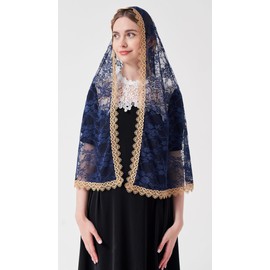 YuRongsxt Women's Chapel Veil Catholic Mantilla for Mass | D-Shape Lace Mantilla Veil with Gold Venice Lace Trim | Navy Blue Catholic Church Veils for Prayer and Wedding Ceremonies M29 (Navy Blue)