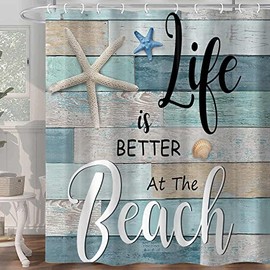 Beach Shower Curtain, Rustic Vintage Wood Ocean Quote Words Fabric Decor Bath Curtain, Nautical Coastal Starfish Theme Shower Curtain Accessories with Hooks 60X70in