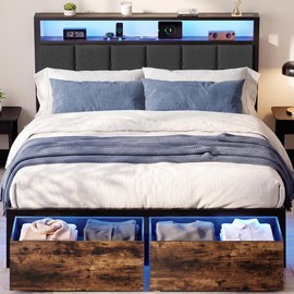 Queen Bed Frame with Storage Drawers, Upholstered Headboard with LED Lights and Charging Station, Metal Platform Bed with 2-Tier Storage Shelves, Noise Free, No Box Spring