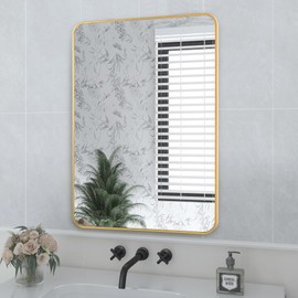 DUQIMO 20x30 Inch Gold Framed Mirror for Bathroom, Rounded Corner Rectangle Mirrors for Wall with Tempered Glass Anti-Rust, Shatterproof Mirror (Horizontal/Vertical Hanging)