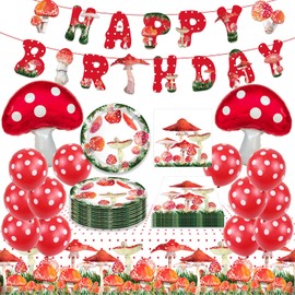 44 PCS Mushroom Birthday Party Decorations, Mushroom Birthday Banner Mushroom Balloons Mushroom Tablecloth Mushroom Plates and Napkins for Mushroom Party Decorations Supplies