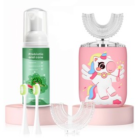 ELOTAME Kids Electric U Shaped Toothbrush Unicorn Rechargeable Sonic Toothbrush with 4 Soft Brush Heads with Kid Toothpaste IPX7 Waterproof - (Age 2-15, Pink)