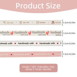 letsinstyle 4Pcs 5 Yards Cartoon Printed Cotton Ribbon, Handmade with Love Printed Twill Tape Ribbons, Sewing Accessories for DIY Craft Wrapping Floral Decor Valentines Wedding and Party Decoration