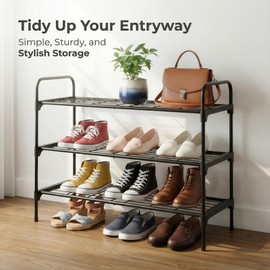 Tujurich 3-Tier Shoe Rack Organizer & Shoe Storage - Spacious Design, Heavy-Duty Rustproof Iron, Entryway Shelf for Sneakers & Heels, Black
