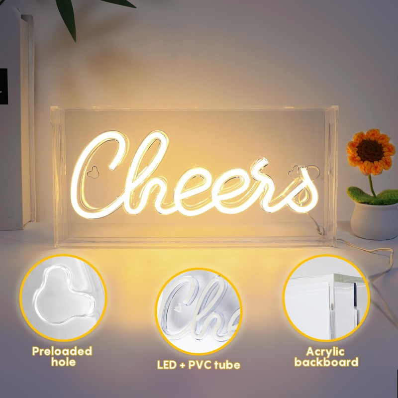 Cheers Neon Sign, USB LED Desk Lightbox Cheers Sign with