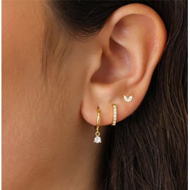 Tituthia Gold Earrings for Women Trendy, Dainty Small Hoop Earrings Set Multiple Piercing Cute CZ Flower Huggie Stud Earring 14K Gold Lightweight Hypoallergenic Cartilage Earrings Gold Jewelry for