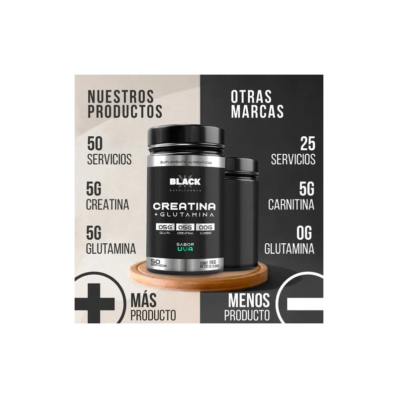 Creatina + Glutamina 50 Servicios Black 1kg Varios Sabores