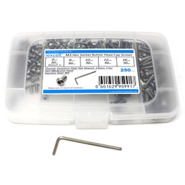 iexcell 250 Pcs M3 x 6/8/10/12/16 Stainless Steel 304 Hex Socket Button Head Cap Screws Bolts Assortment Kit