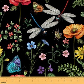 The Yard - Tela de tapicería de libélula, acuarela, amapolla, zacate, zacate, rústico, tela de decoración de animales de catarina, mariposa, azul, para tapicería y detalles del hogar, 1 yarda