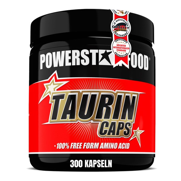 Powerstar TAURIN CAPS | 300 Capsules High Dose with 3400 mg Pure Taurine per Serving | Enriched with Cofactor Vitamin B6 | Raw Materials in Pharmaceutical Quality | Vegetarian | Made in Germany