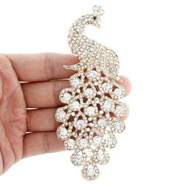 Flyonce Austrian Crystal Elegant Animal Peacock Plume Pendant Brooch Clear Gold-Tone
