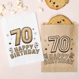 Big Dot of Happiness Adult 70th Birthday Kraft Brown Paper Treat Bags, Birthday Party Individual Candy Snack Favors, Greaseproof Brown Paper Sandwich Cookie Bags - 25 Count