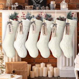 Rotatingpals 6 Pack Farmhouse Neutral Knitted Christmas Stockings with Name Tag 18'' Rustic Neutral Cable Knit Fireplace Hanging Stockings Xmas Boho Cream for Family Holiday(Beige)