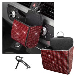 Dickno Car Vent Storage Organizer, Rhinestones Leather Air Vent Pocket, Bling Automotive Vent Pouch Box with Hook, Multipurpose Dashboard Air Vent Cell Phone Holder for Girl Women （Red）
