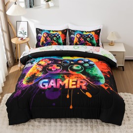 NTBED Game Console Comforter Set for Boys Girls Kids Tie Dye GamingLightweight Microfiber Gamer Bedding Sets (Multi, Full 5Pcs)