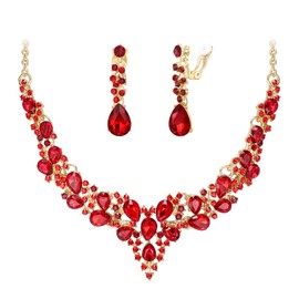 BriLove Flower Maids Bridal Jewelry Clip-on Earrings Sparkling Austrian Crystal Teardrop Cluster Statement Necklace Set for Wedding Prom Ruby Color Gold-Tone
