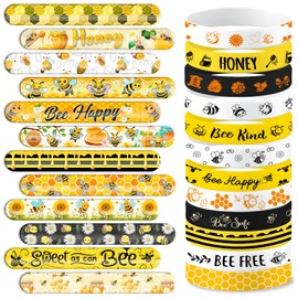 48PCS Bee Themed Party Set | 24PCS Slap Bracelets & 24PCS Rubber Bracelets Silicone Wristbands Birthday Party Supplies Decorations Gifts Carnival Prizes