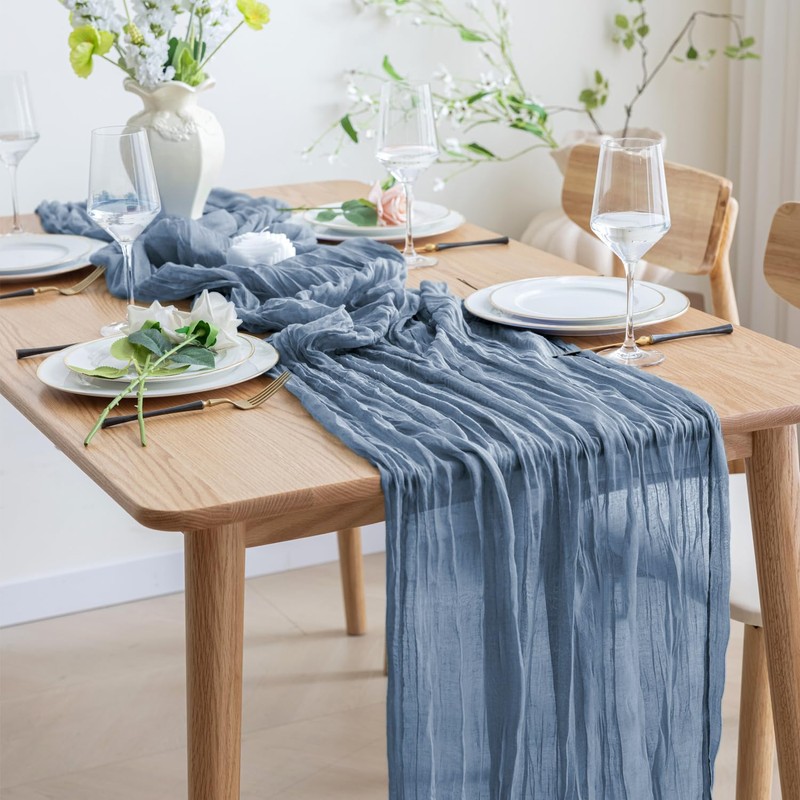Asee'm 3pcs Cheesecloth Table Runner 120 Inches Dusty Blue Boho