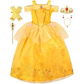 Avady Princess Costume for Girls Layered Off Shoulder Princess Dress Up Clothes with Accessories Yellow 3T 4T