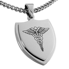 Tioneer Stainless Steel Caduceus Staff of Hermes Shield Pendant Necklace