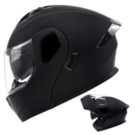 TTMiku Matte Black Motorcycle Dual Visor Flip Up Modular Full Face Helmet, Youth Adult Integrated ATV UTV Snowmobile Street Dirt Bike Casco, DOT Approved, Large