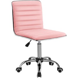 Furmax Vanity Office Desk Chair with Wheels, Armless Small Cute Leather Makeup Computer Task Chair Adjustable Height 360° Swivel (Pink)