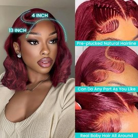 99j Burgundy Lace Front Wigs Human Hair Pre Plucked 13x4 Transparent HD Lace Frontal Wigs with Baby Hair Body Wave Bob Wig Human Hair Lace Front Wigs for Blcak Women 180% Density 12 inch